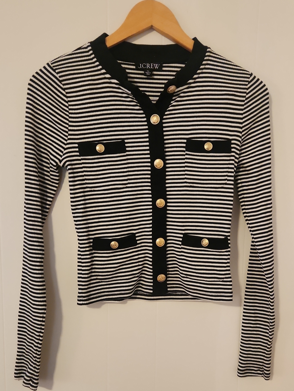 J. Crew Black and White Striped Button-Front Cardigan with Gold Buttons